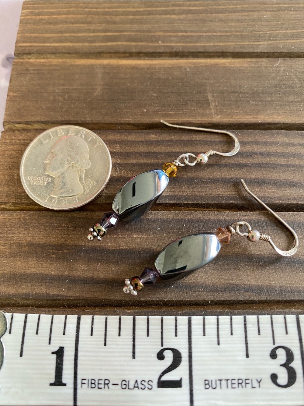 Handmade Hematite & Crystal Dangle Earrings Gunmetal Gray w/Purple & Amber Beads